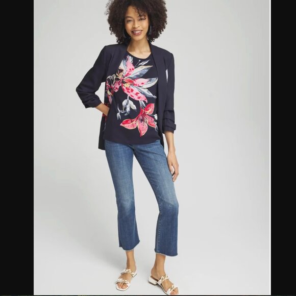 Chico’s Floral Jewel Neck Tee 4 (XXL 20/22) Classic Navy - Picture 2 of 4